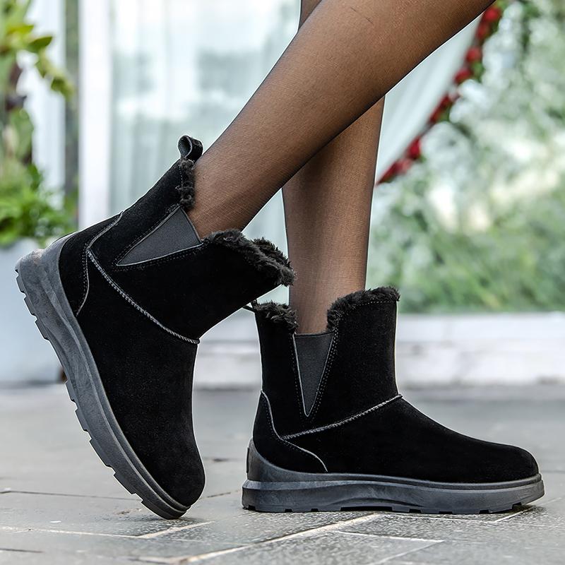 Mode 2024 Winter Dicke Plüsch Schneestiefel für Damen Faux-Wildleder Schlupf Chelsea Stiefeletten Damen Plateau Rutschfeste Baumwollgefütterte Schuhe