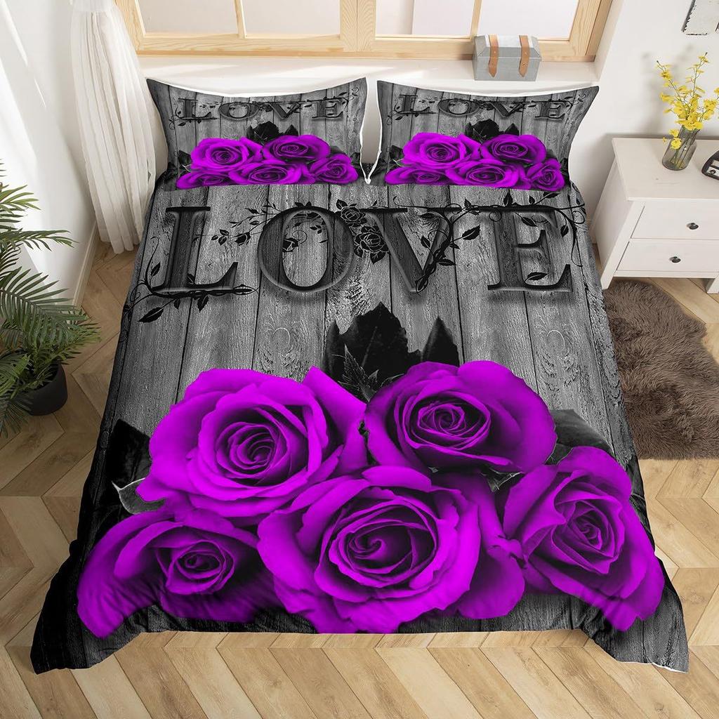 Purple Rose Duvet Set Romantic Flower Bedding Flower Three-Piece Valentine'S Day Couple Gift