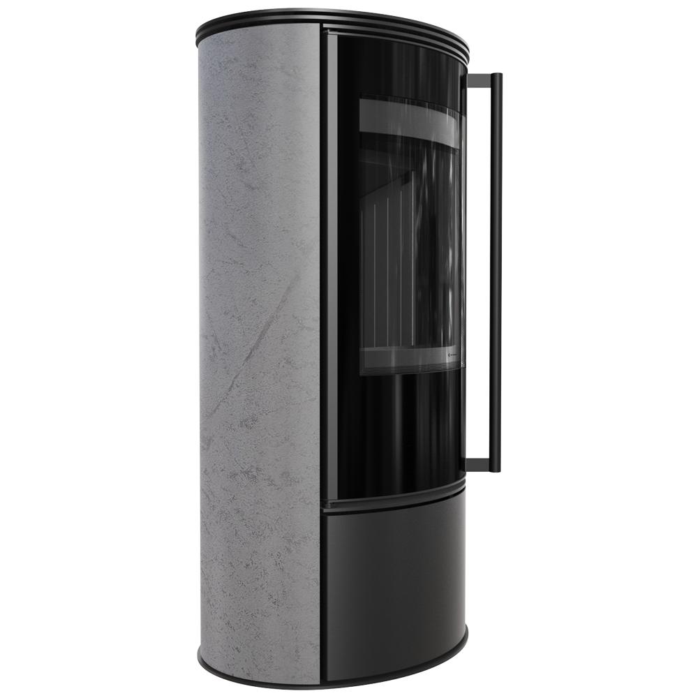 Wood burning steel stove KRATKI ERIK Ø 150 5,5 kW decorative ceramics GRAY SATIN black thermotec self closing door