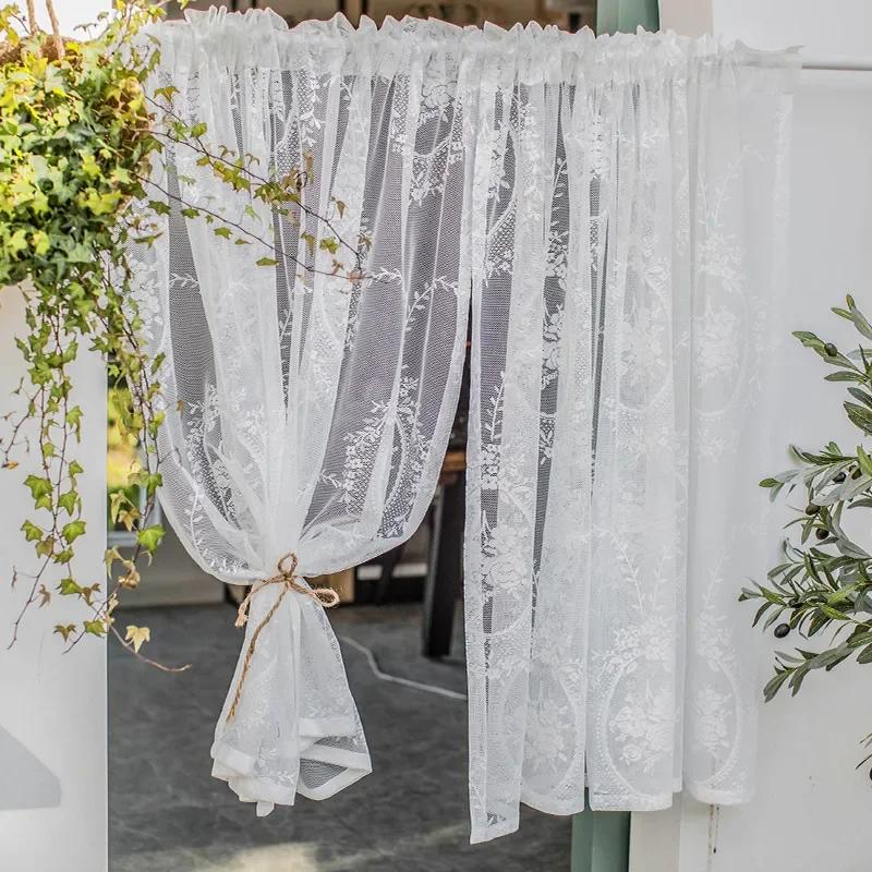 Witte Kant Tule Gordijnen Voor Huis Klein Raam Boerderij Rustiek Vintage Bloemen Keuken Tuin Deur Kast Kort Doorzichtig Paneel W100cm x H70cm&Special Rod Pocket wit