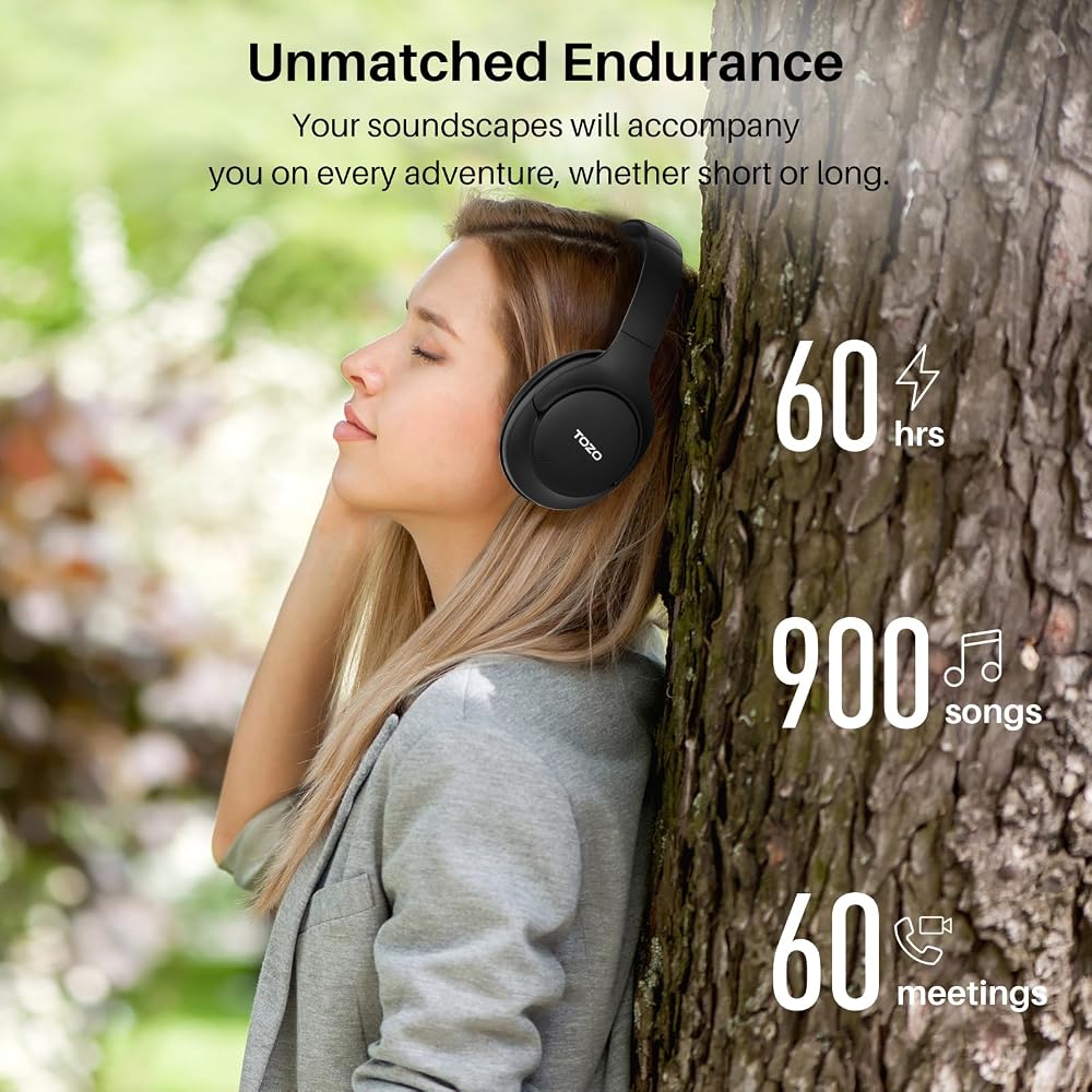 TOZO HT2 Wireless Headphones: Hi-Res Audio (Wired Hi-Res), 40mm Dynamic Drivers, Closed-Back, Foldable, Lightweight, Bluetooth 5.3, Wireless, Type-C &