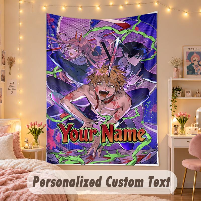 Custom Personalized Tapestry,Chainsaw Man Print Custom Name Text Wall Art Hanging for Bedroom