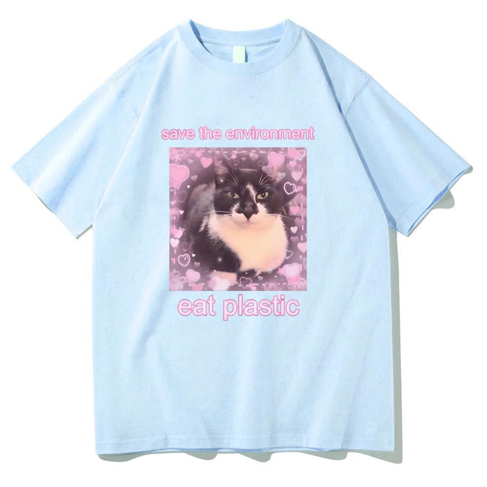 Save The Environment Eat Plastic Meme Cat T-shirts Short Sleeve Summer Cotton Tee-shirt Cartoon Graphic Tees Girls Women Tshirts