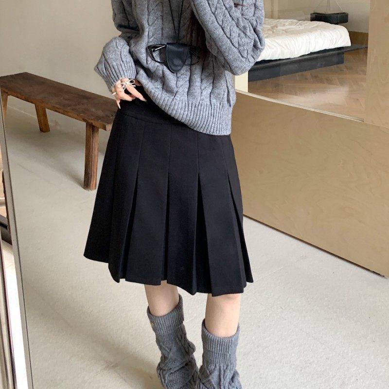 High-Waisted Retro Plaid Wool A-Line Midi Skirt for Women in Coffee Color Medium чёрный