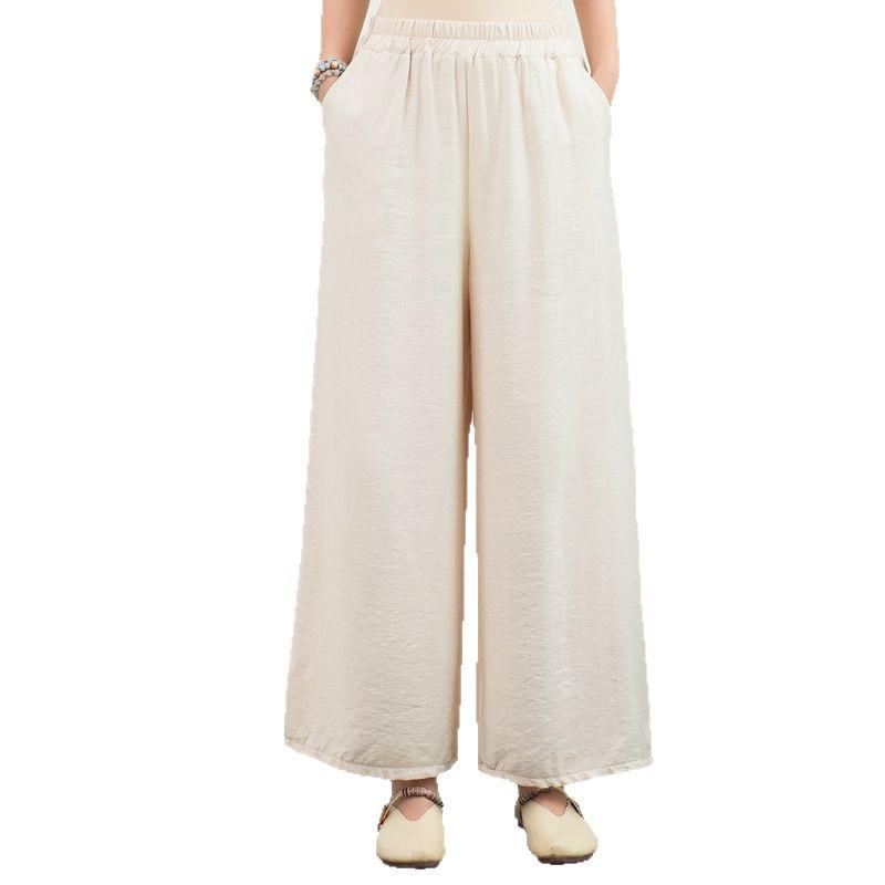 Women's Summer Silk Linen Wide-Leg Pants: Literary Solid Color, Elastic Waist, Loose Fit, Thin Fashion Leggings.