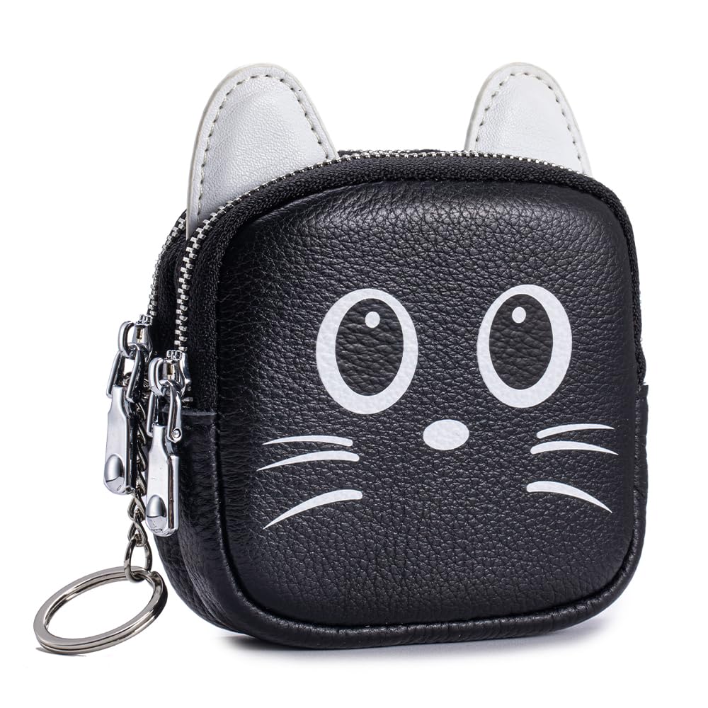

Genuine Leather Cat Coin Purse for Women, Cute Coin Case with Key Ring, Mini Wallet, Accessory Case, Cat Mini Pouch with Keychain (Black)