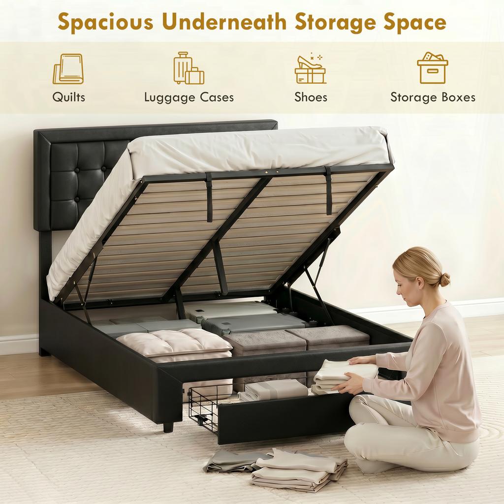 PU Leather King Size Ottoman Bed Frame, with Front Drawer - Black