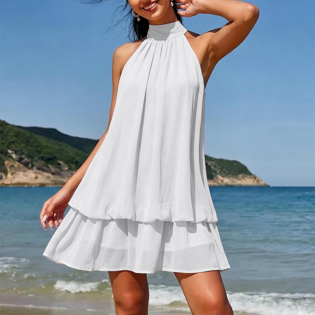 Sleeveless Halter Neck Mini Dress with Layered Hem and Loose Fit for Women Suitable for Various Occasions