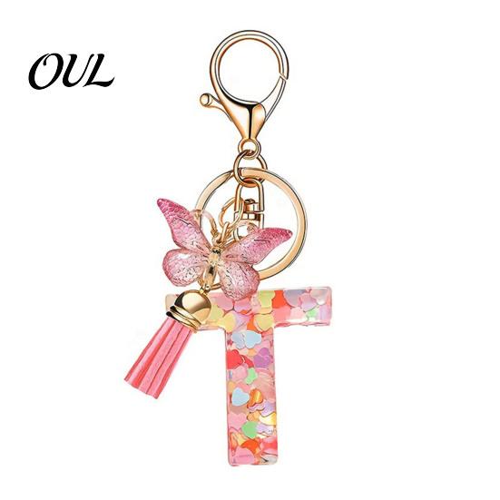 Kompaktes Schlüsselanhänger-Anhänger in Rosa-Serie, Pailletten Herz Initialen-Buchstaben-Anhänger Schlüsselkette mit tragbarem Schmetterlings-Quasten-Design, A-Z Halter für Tasche