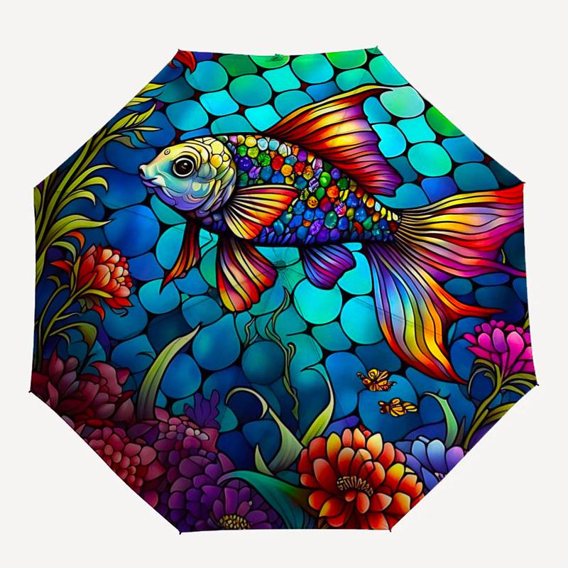 1pc Stained Glass Fish Design Automatic Folding Umbrella - Portable 3-Fold Design with 8-Bone Iron Frame, Perfect for Outdoor Use, Festive Gifts, Trav