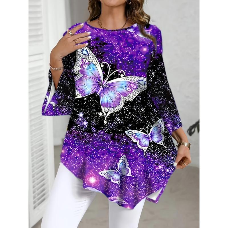 Women s Fashion Plus Size Elegant Round Neck Butterfly Print Hem Asymmetric Three Quarter Sleeve Top S