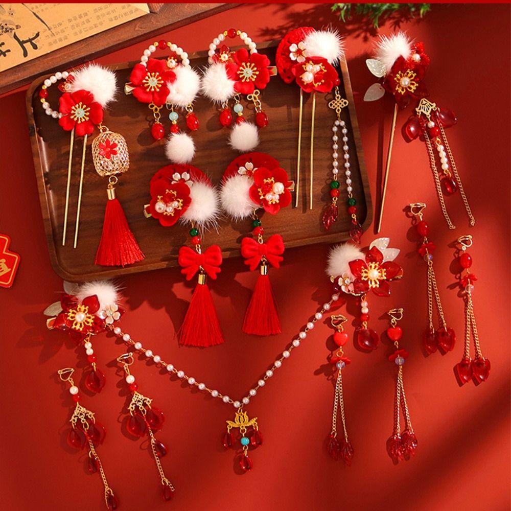 Red Hanfu Hair Stick Tassel Flower Hair Comb Chinese Style Hairpin Set  Girl Hair Accessories