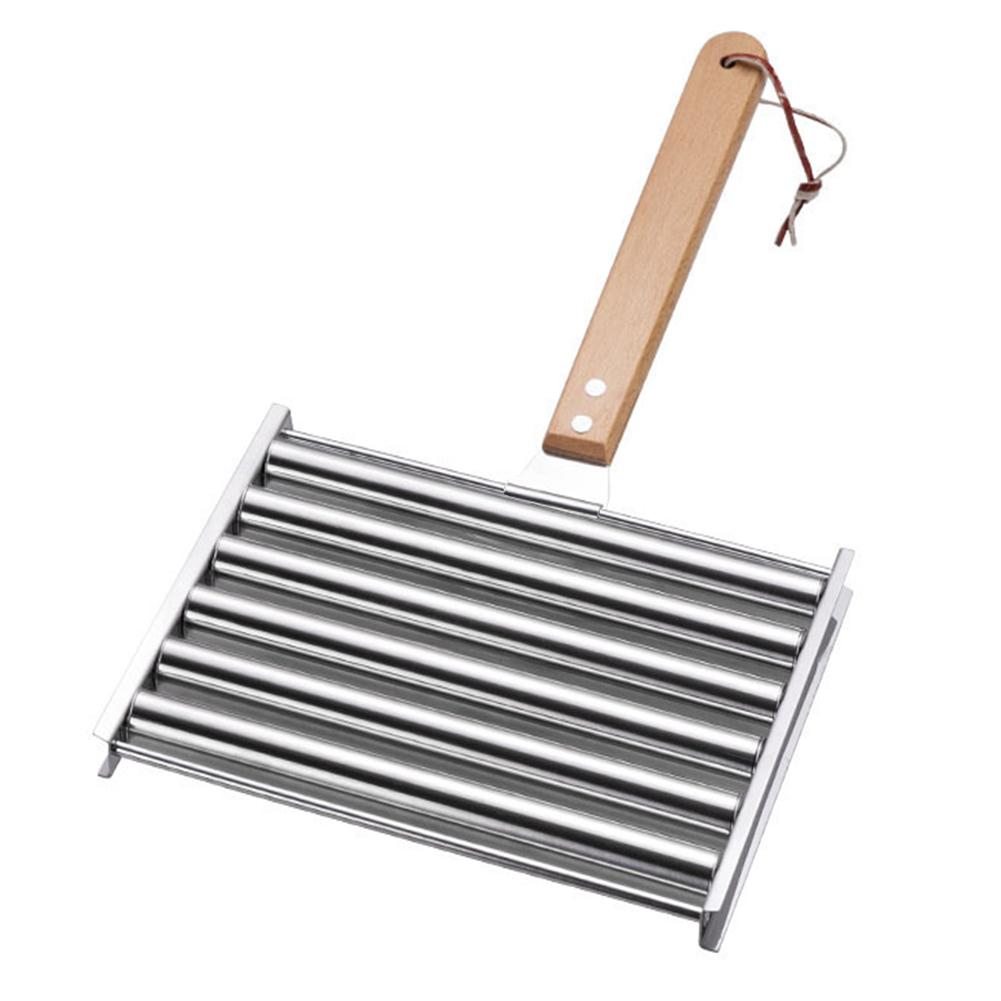 Hot Dog Roller Sausage Roller Rack Stainless Steel Hot Dog Grill Roller with Wooden Handle 5 Hot Dog Capacity Grill Accessories