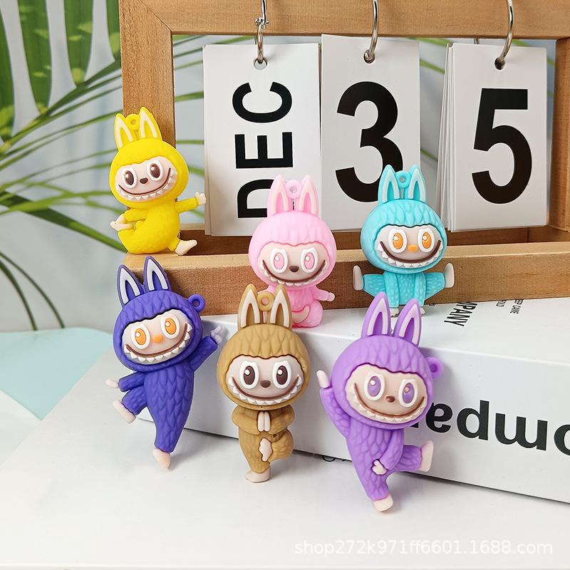 6 stk Yoga Labubu Nøkkelring 3D Dukke Labubu Ryggsekk Anheng
