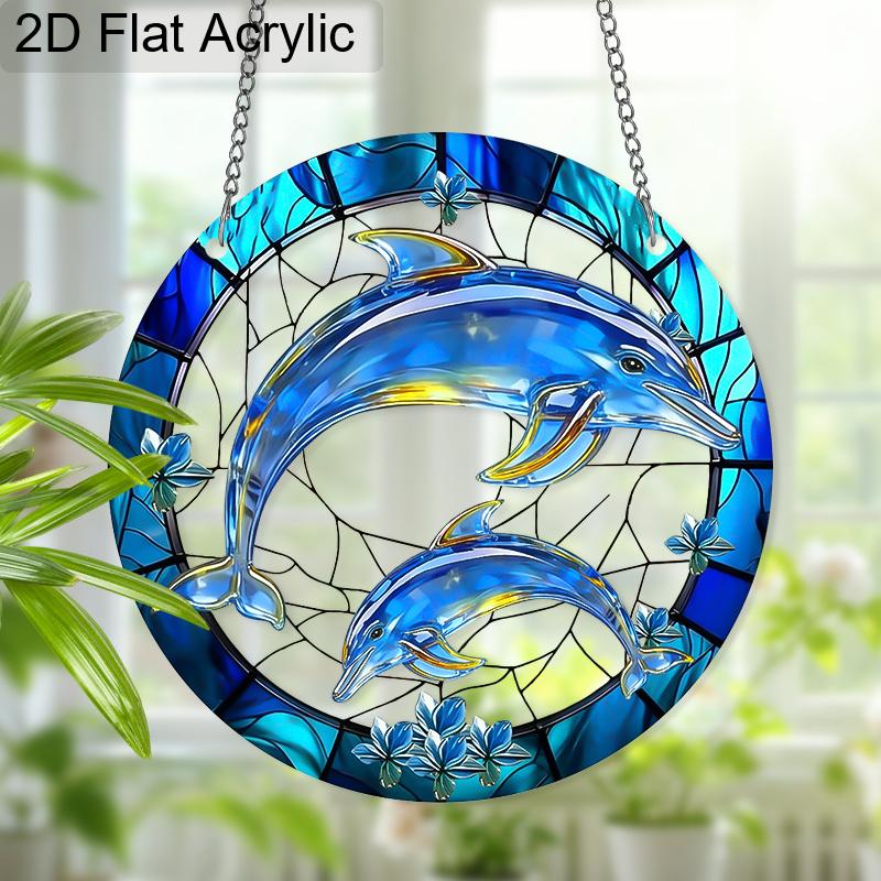 Acrylic Dolphin & Calf Suncatcher Stained Glass Effect Window Hanging Ornament Ocean Themed Gift for Home