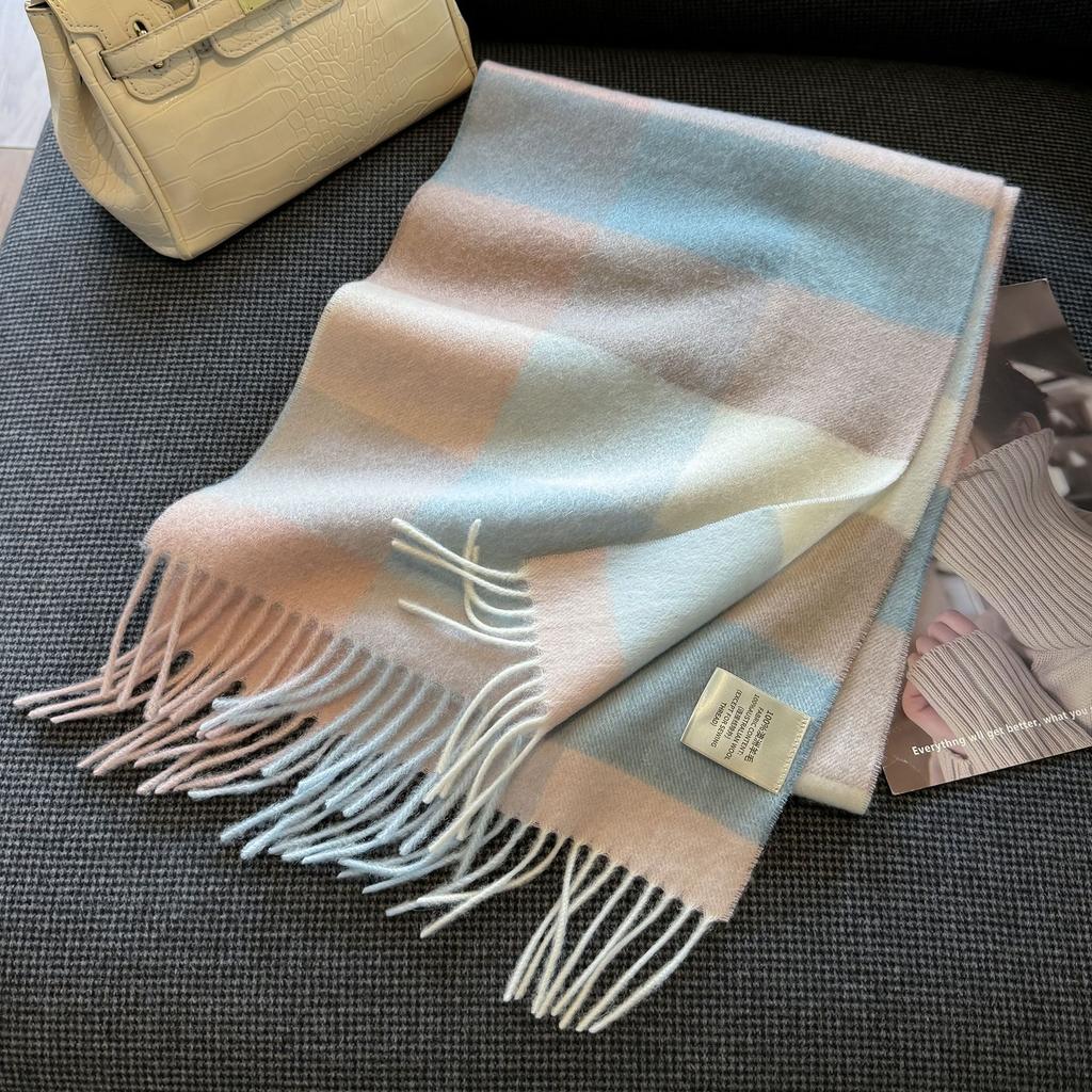 New Wool Warm Scarf for Women in Color Blocked Plaid Scarf Long Tassel Scarf Thickened and Warm
