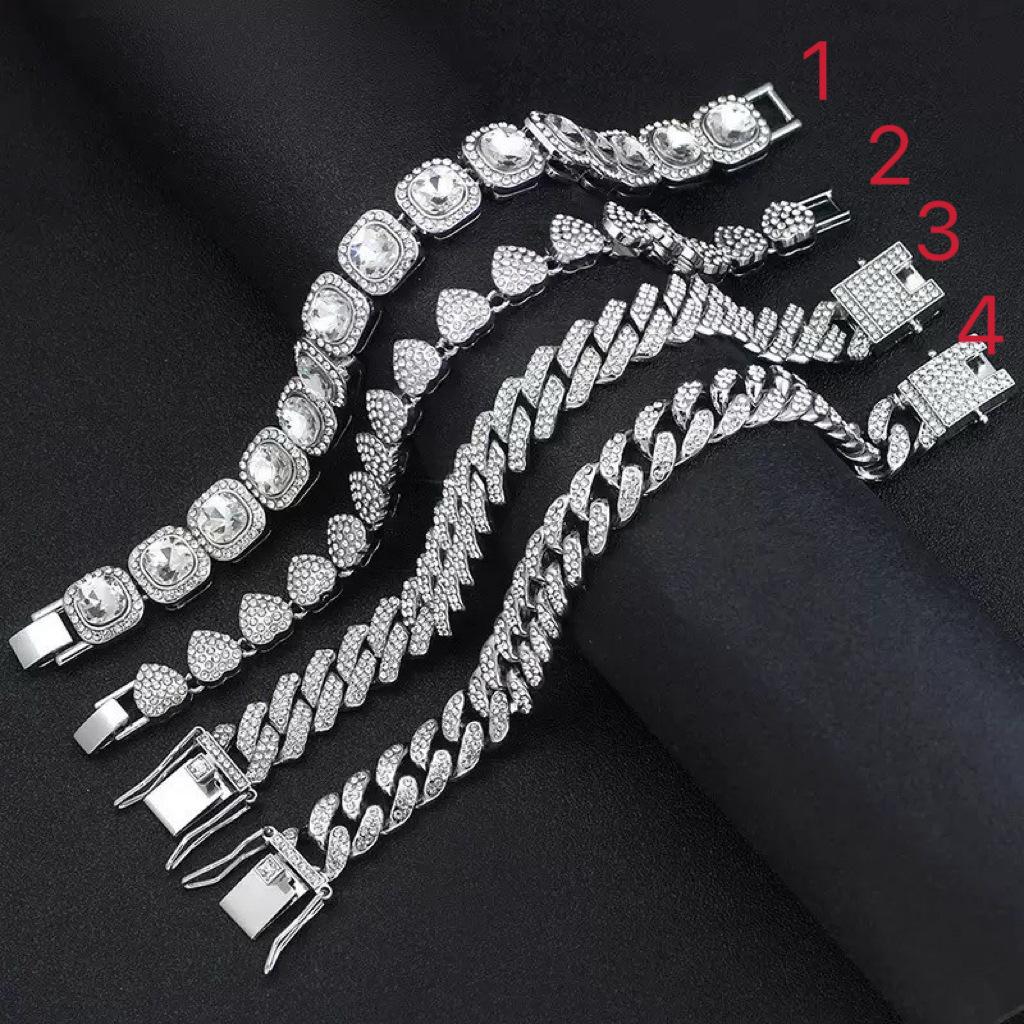Four-Piece Full Diamond Cuban Link Bracelet: Rhinestone-Inlaid Hip Hop Design for Men and Women