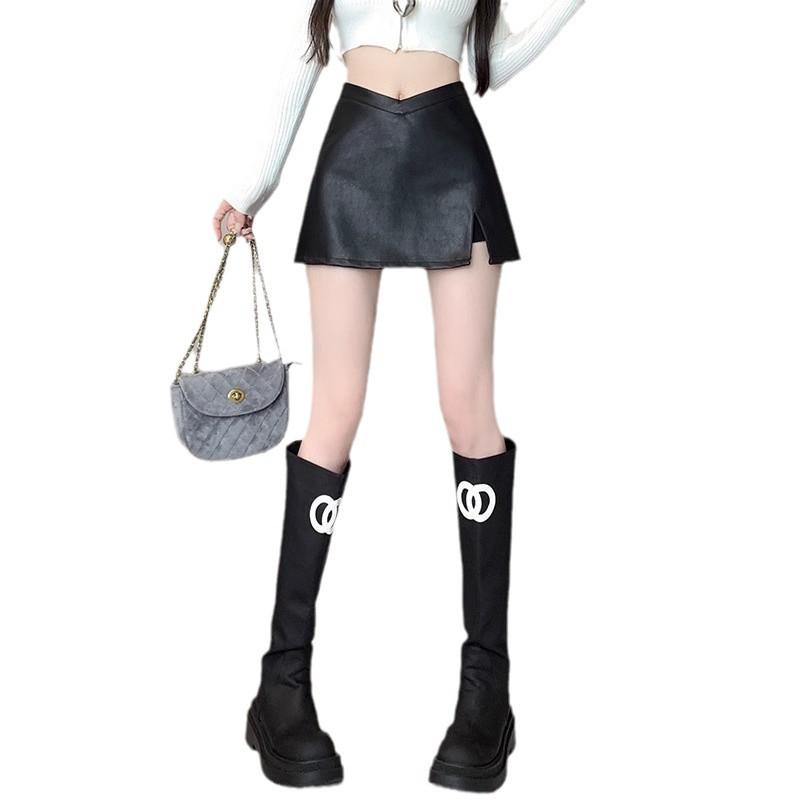 Women's Black PU Leather A-Line Midi Skirt with Slit - High Waist, Sexy Bodycon for Autumn