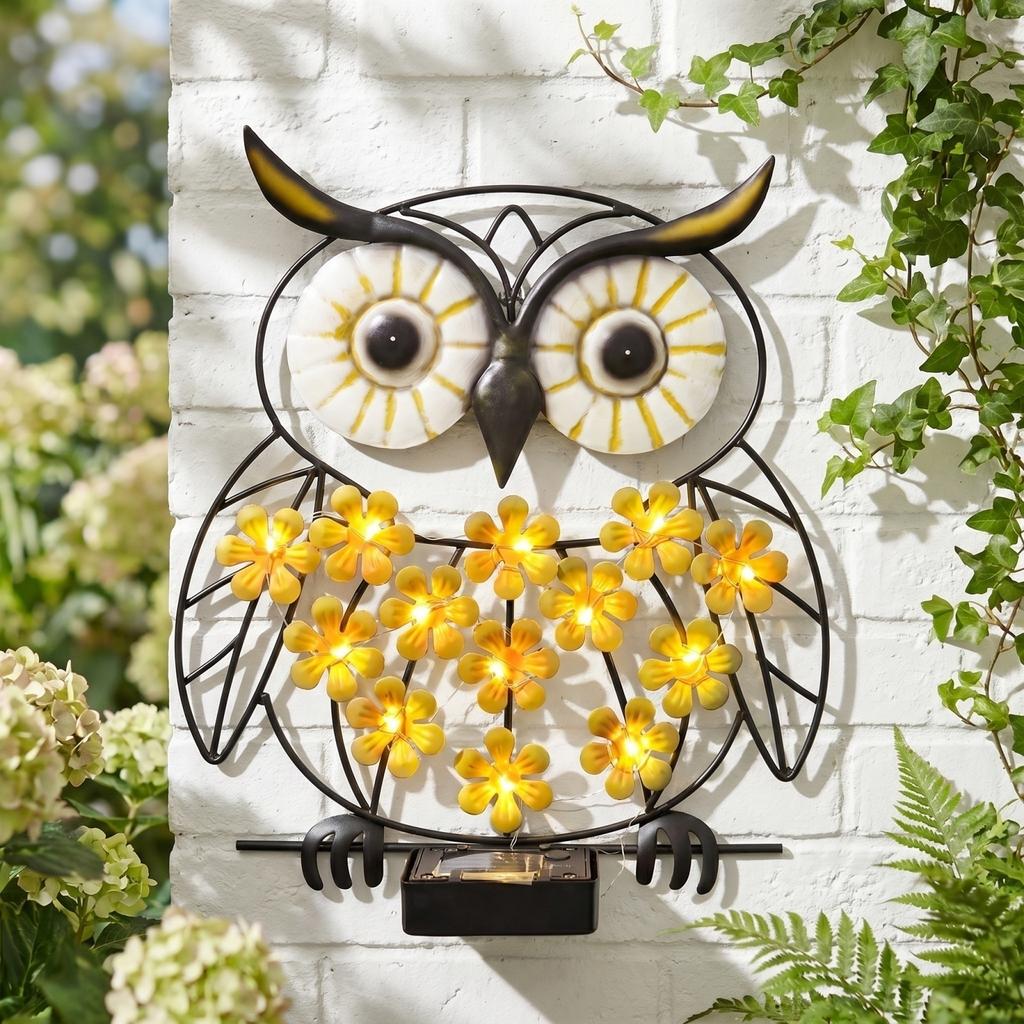 Solar Outdoor Waterproof Wall Light Owl Shape Decorative Metal Frame with LED Flower Lights for Garden Patio Yard Porch