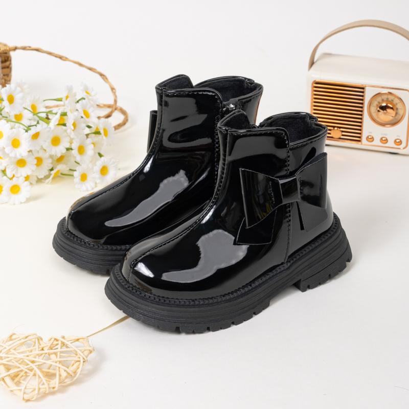 

Winter Girls Cotton Boots Sweet Bowknot Kids Platform Ankle Boots Glossy PU Children s Causal Boots Warm Versatile 26 чёрный