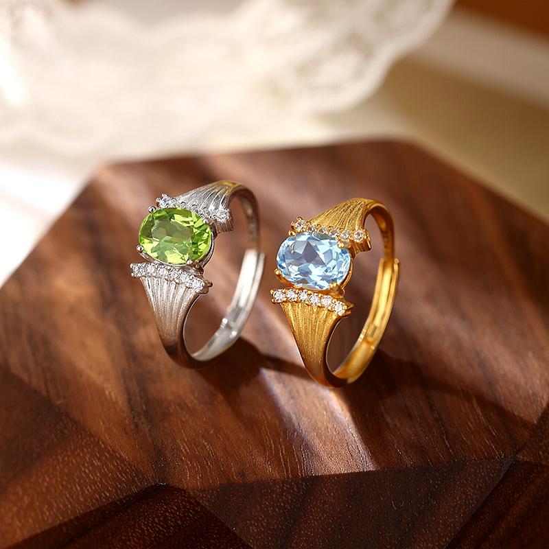 Natural crystal stone topaz ring S925 sterling silver texture brushed process niche design sense colored treasure women's ring