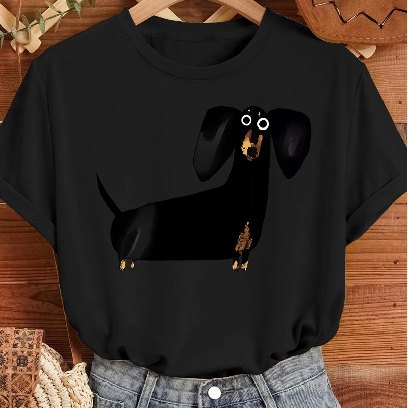 Carino Bassotto Nero Divertente Stampato Maglietta da Donna a Maniche Corte con Girocollo Top per l'Estate Abbigliamento Casual Harajuku da Donna