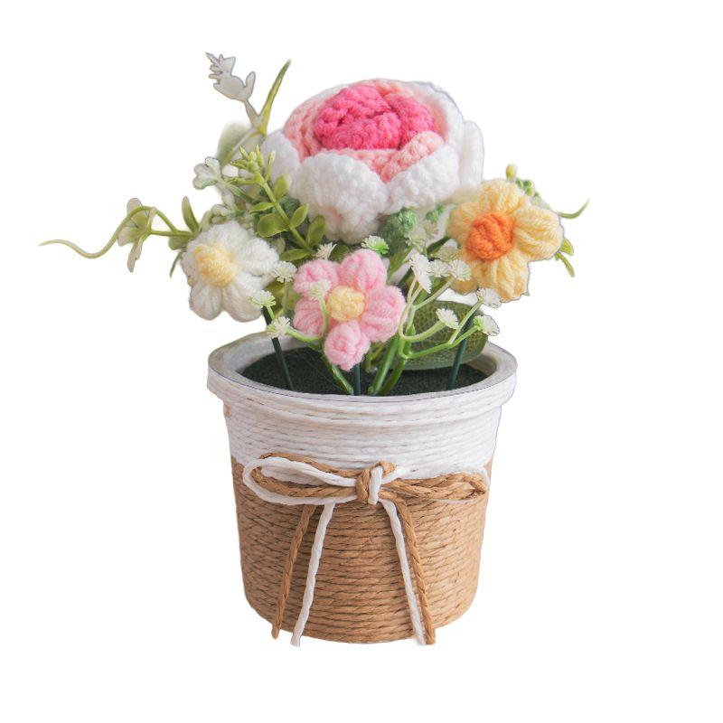Hand Woven Potted Crochet Artificial Flower Desk Decoration