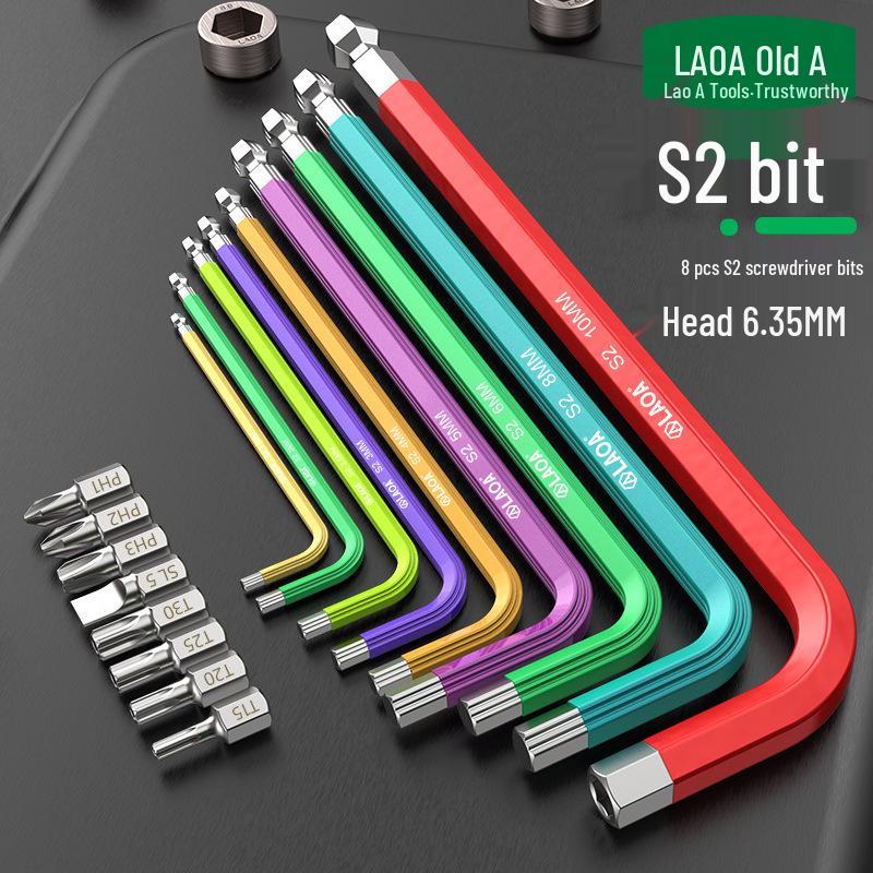 Old A 9-Piece Magnetic L-Shaped Hex Key Set with S2 Torx Inner Hex Screwdrivers