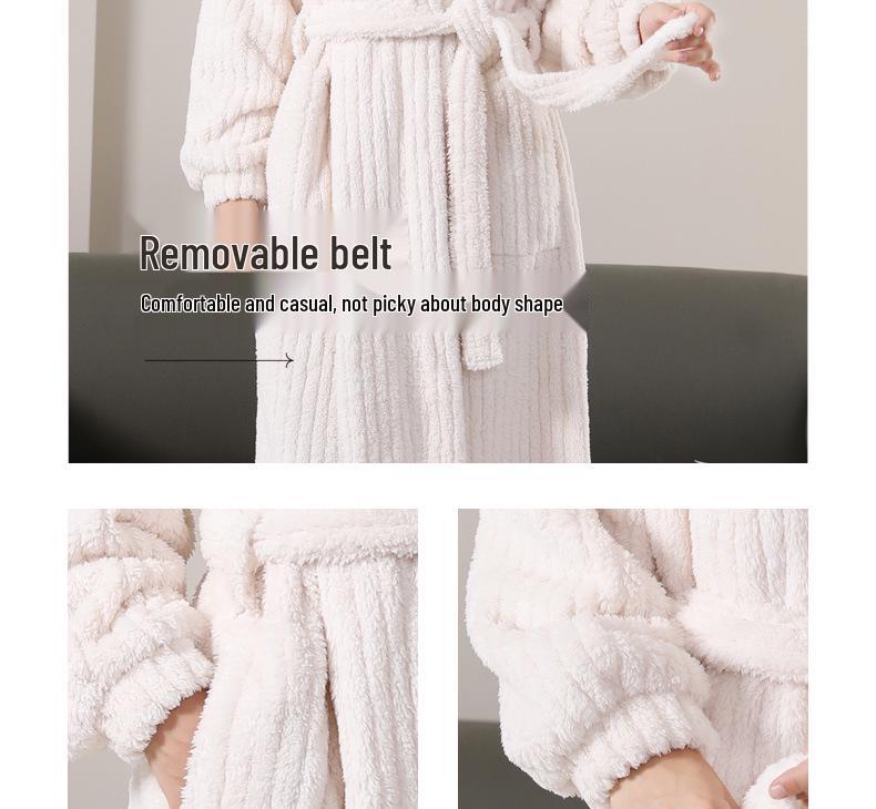 Women's Coral Fleece Thick Velvet Lined Bathrobe - Cozy Autumn/Winter Long Robe Pajamas