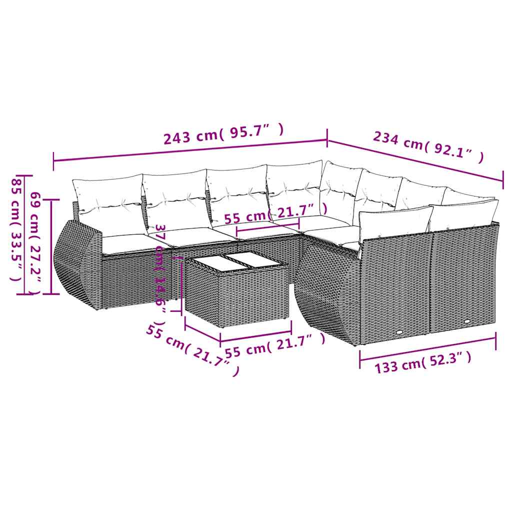 9 Piece Garden Sofa Set with Cushions Brown Poly Rattan