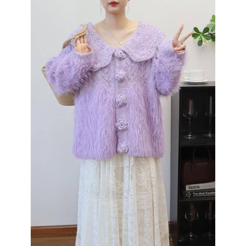 

Осень и зима новый трехмерный цветочный кукольный воротник имитация норки бархат вязаный кардиган мягкий восковой сладкий свитер куртка женская one size fits all фиолетовый