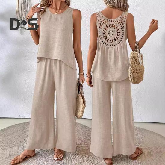 Zweiteiliges Lounge-Set für Damen, ärmellos, mit hohlem Rücken, Oberteil und weitem Bein, Hosen-Set, lässige Urlaubs- und Reise-Outfits