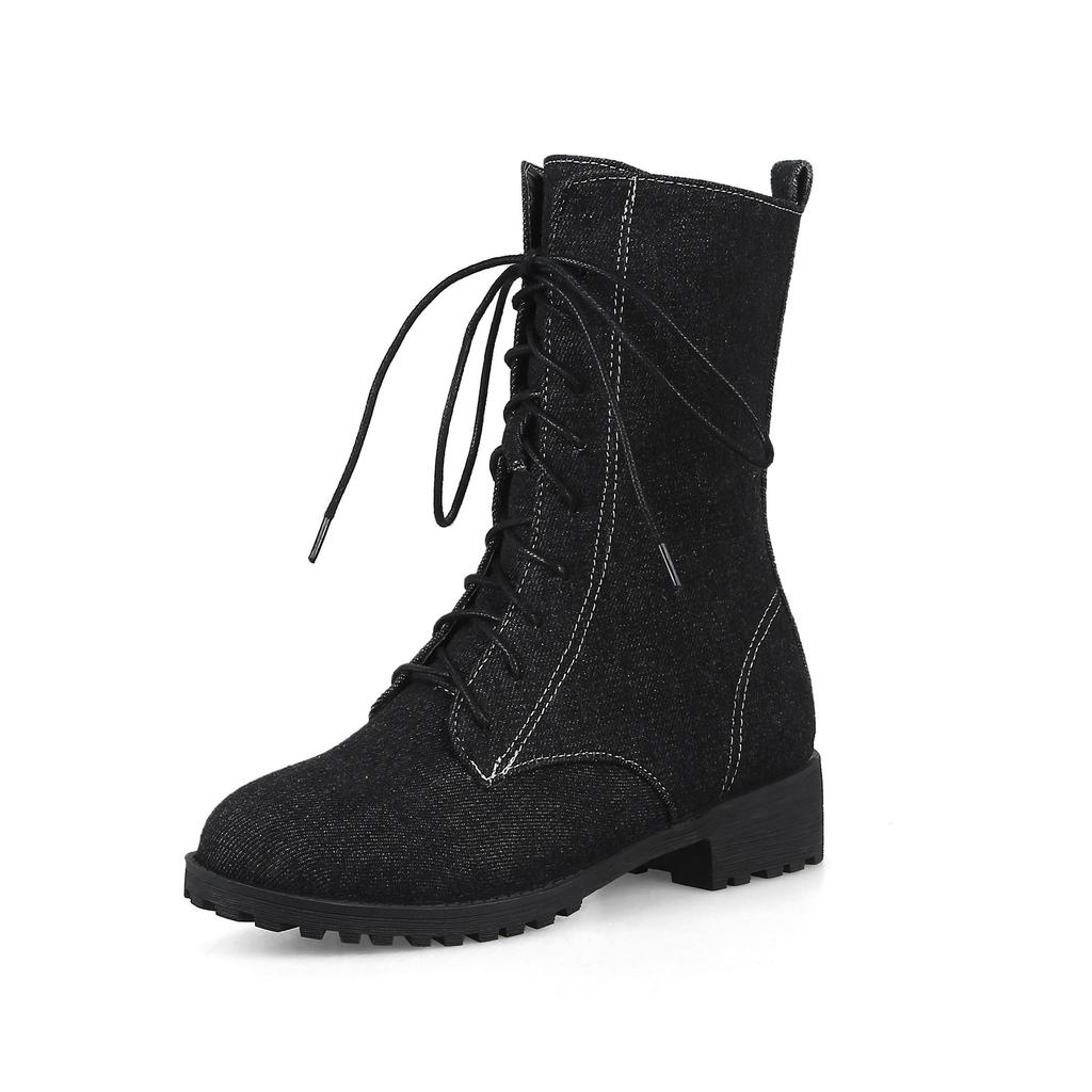 Denim Martin boots  large size medium boots,  front lace-up low-heeled autumn and winter models