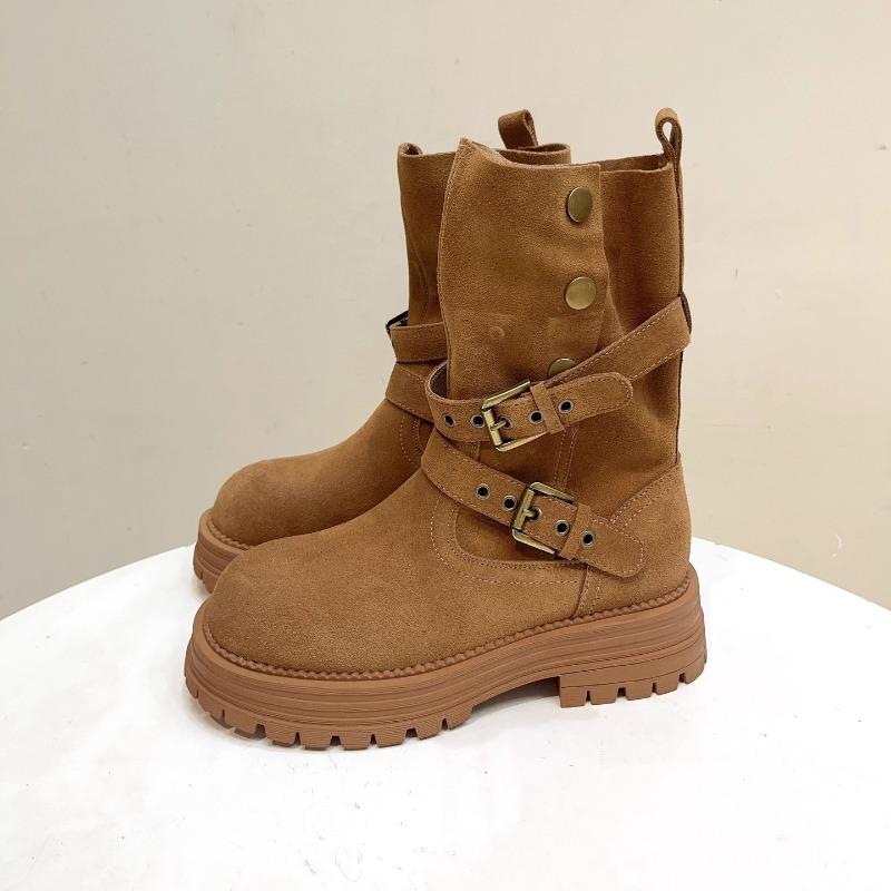 Autumn new retro wind matte leather rivet belt buckle two wear medium boots women's thick heel thick-soled Martin boots