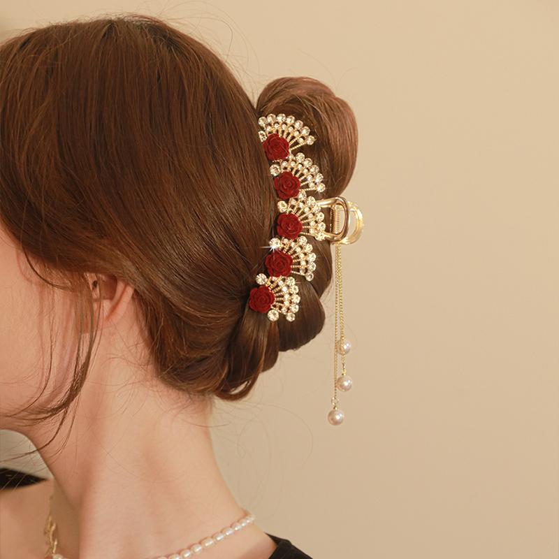 

11 см, большой размер, полые веерообразные заколки для волос со стразами, элегантный флокированный зажим в виде розы с маленьким цветком, декоративная заколка с кисточкой