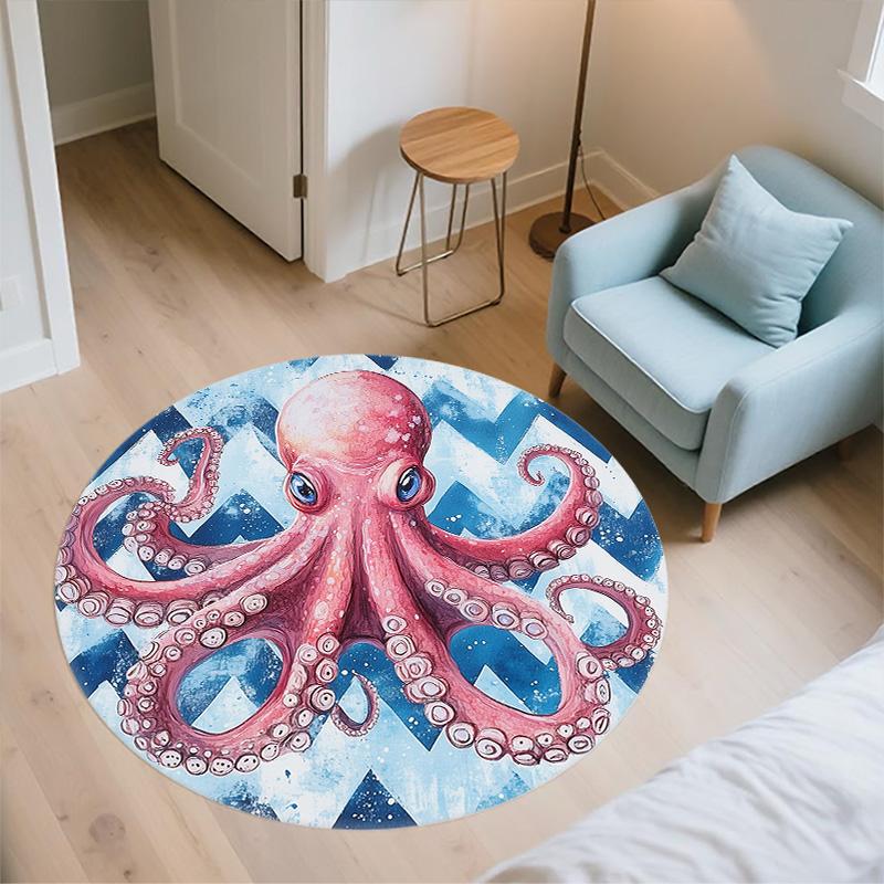 Aquarell-Oktopus,Runder Teppich,Teppich für Wohnzimmer Schlafzimmer Sofa Spielzimmer Dekor,Rutschfeste Fußmatte