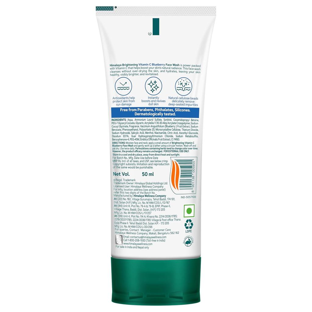 Himalaya Brightening Vitamin C Blueberry Face Wash 50ml Single Pack for Dull Skin Radiance