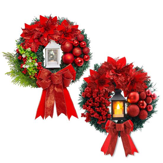 Large Christmas Wreath with Bow Ribbon Christmas Balls Lighted Artificial Pine Branches