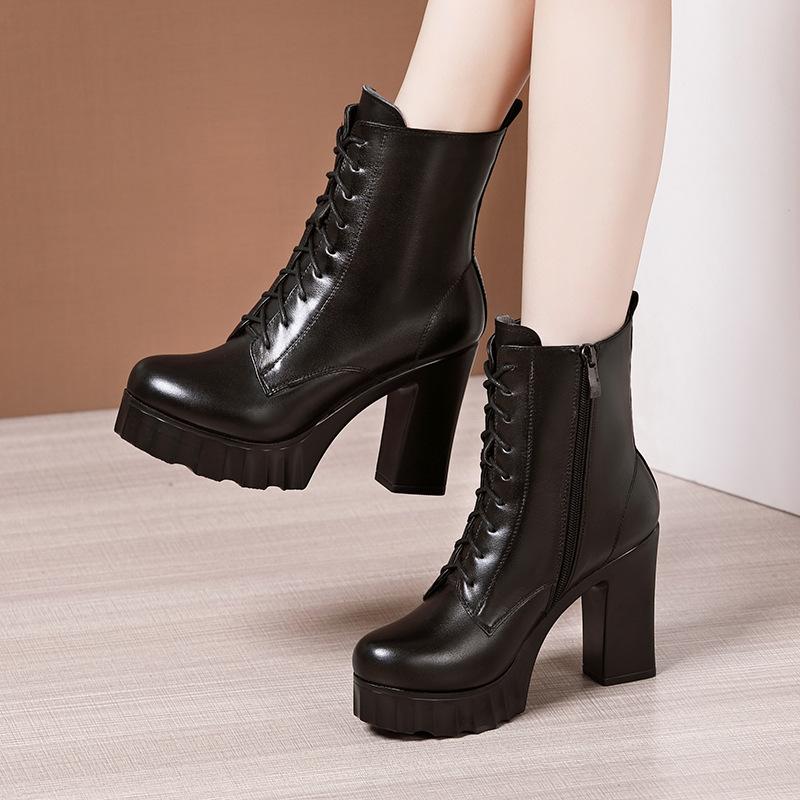 Tacchi Alti da Donna Vera Pelle Tacco Grosso Stivaletti Corti Autunno Inverno Floccato Platform Stivaletti alla Caviglia Stringati Metà Polpaccio Cerniera Stivale