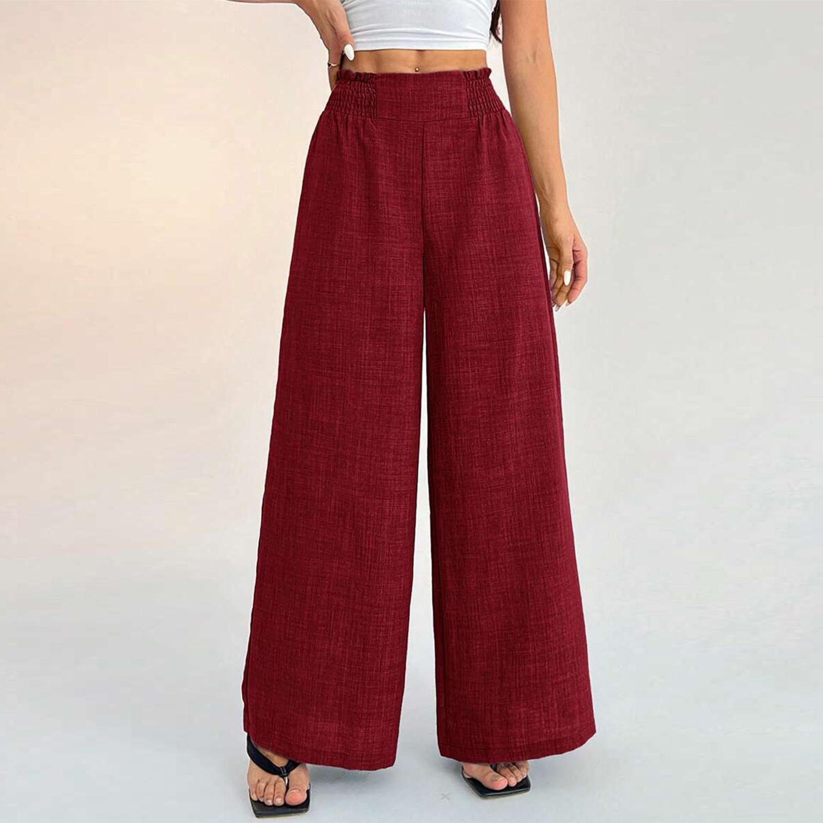 

Women’s High Waist Elastic Smocked Wide Leg Loose Fit Casual Pants with Gathered Detailing for Daily Wear M винний