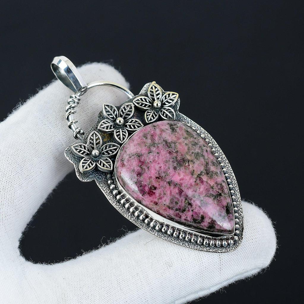 Natürlicher Rhodochrosit Edelstein Silberanhänger in 925 Sterlingsilber - Handgefertigtes Blumendesign, Alltagsschmuck, Einzigartiger Anhänger Party-Wear Geschenk