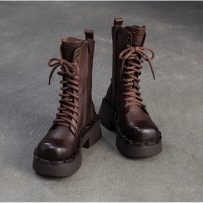 Johnature Genuine Leather Retro Thick Soled Mid-calf Boots Versatile Round Toe Women's Platform Boots