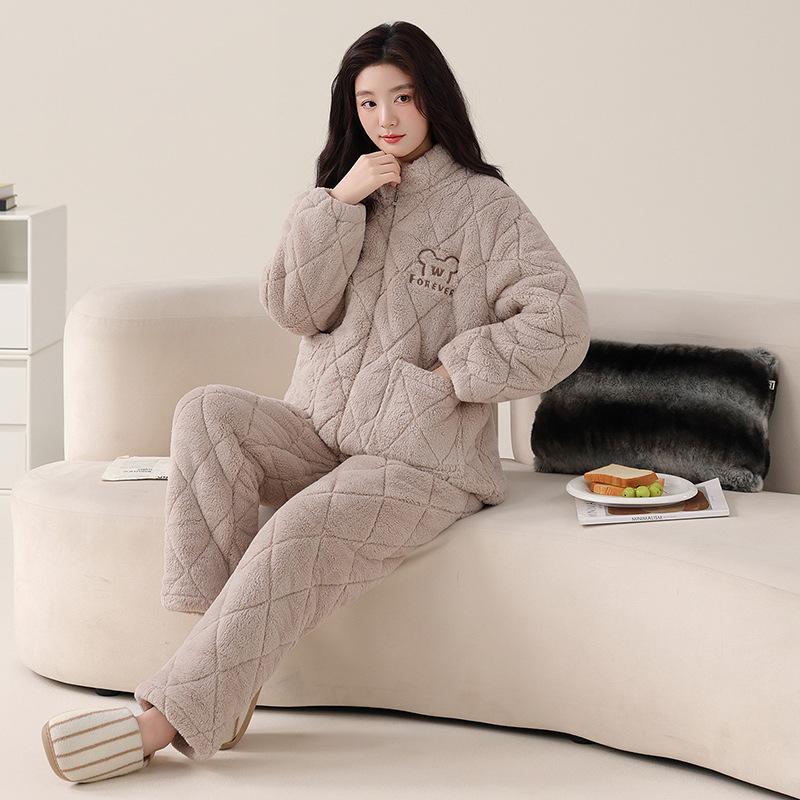 Winter Coral Fleece Padded Pajamas Women'S Fleece Thickened Flannel Padded Jacket Autumn And Winter Loungewear Warm Suit
