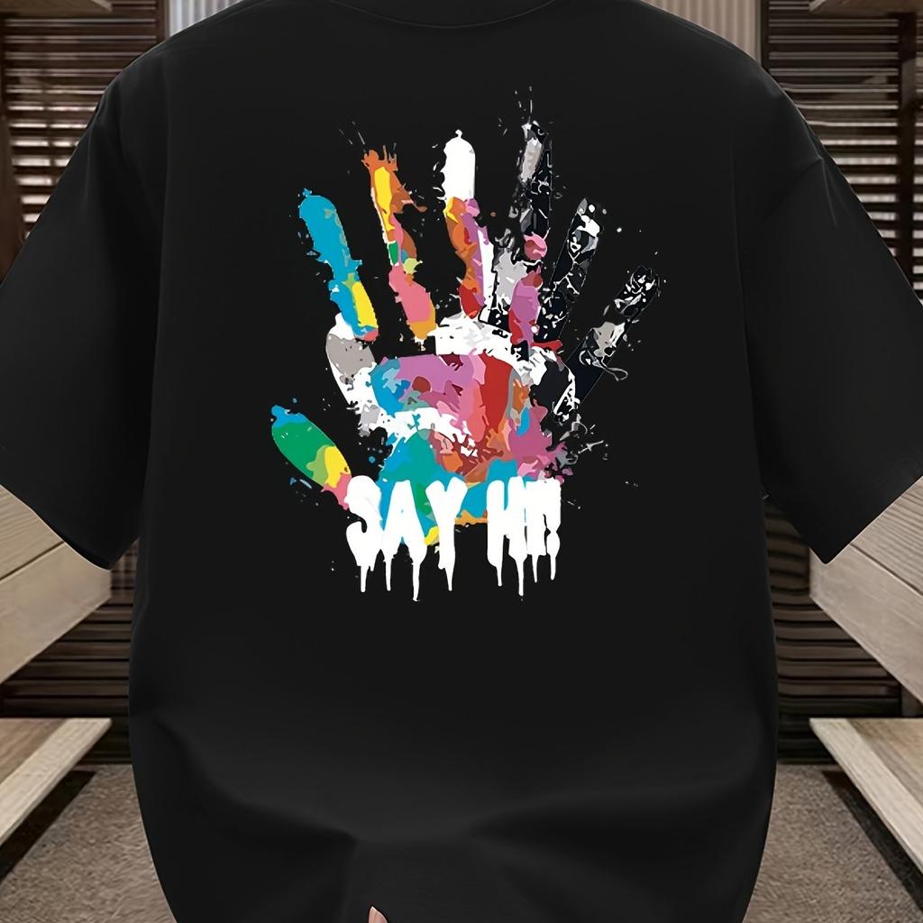 Men's Summer 100 Cotton Fashionable Casual Sports Loose Large Size Color Handprint Round Neck Short Sleeve T-shirt Top