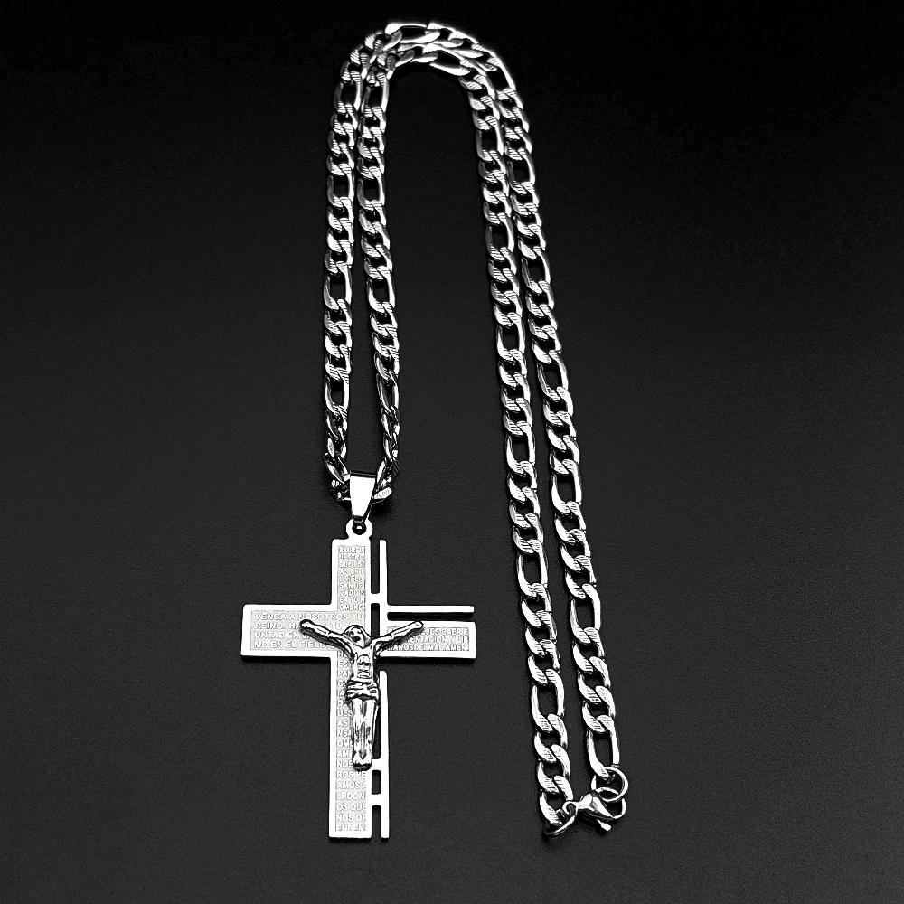Jesus Kreuz Kruzifix Anhänger Halskette für Männer Edelstahl Goldfarbe Christlich Spanisch Vaterunser Figaro Kette Schmuck