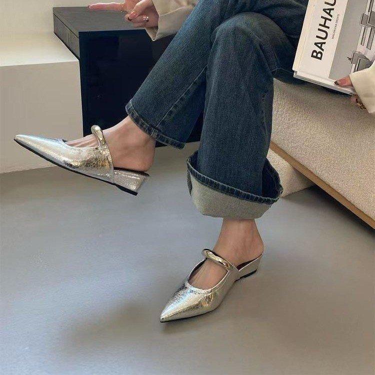 Temperament spitze Metallwort mit Taschenkopf Halbschuhe neue Keilabsatz Mittelhochschuhe Plateau Damen Hausschuhe