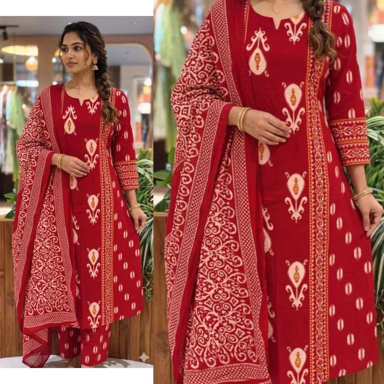 Heavy Cotton Designer Salwar Kameez Indian Wedding Wear Kurti Pant Dupatta Set