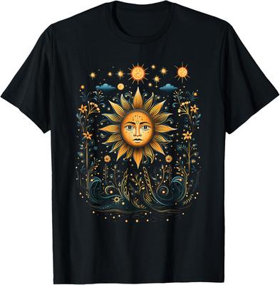 Mystisches Himmels-Sonnen-Gesicht Florale Grafik T-Shirt Lässiges Kurzarm O-Ausschnitt T-Shirt Für Männer