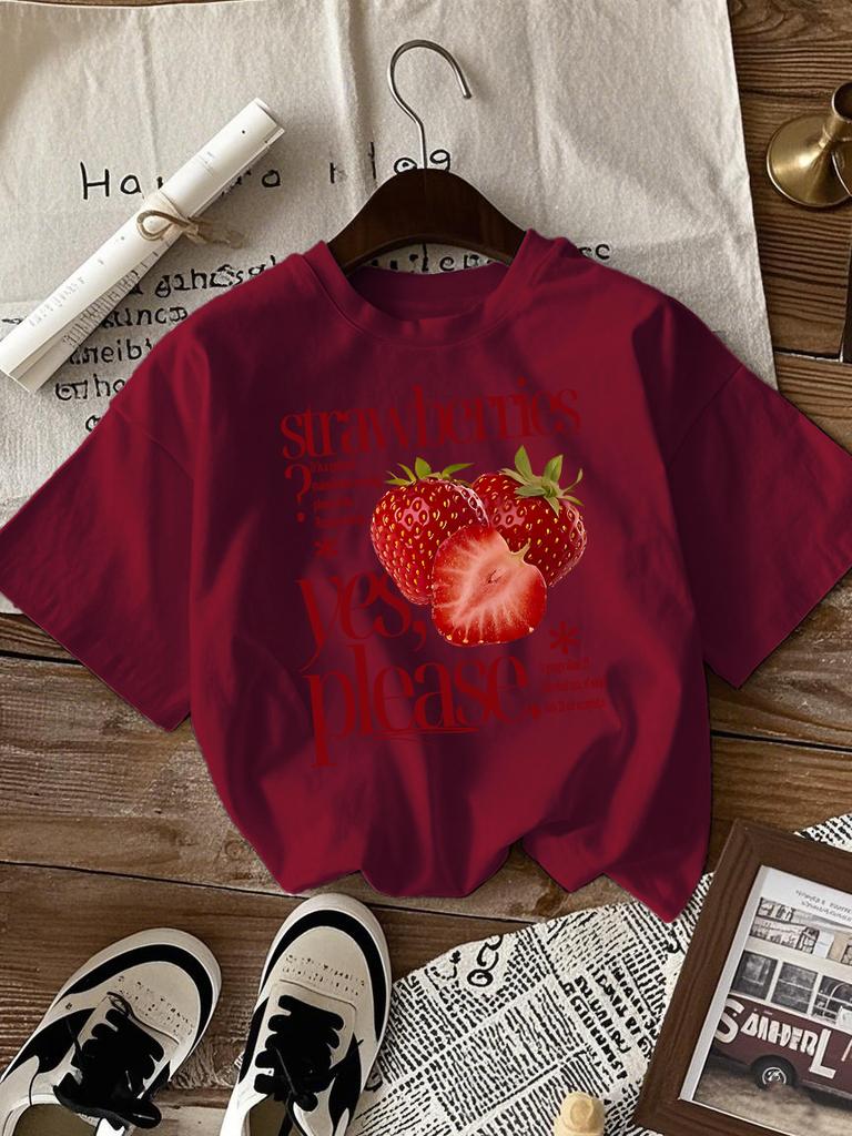 Strawberries Fruit Yes Please Printed Tee Shirts Woman Cotton Crewneck T Shirt Sport All-Match Streetwear Casual Loose Clothes