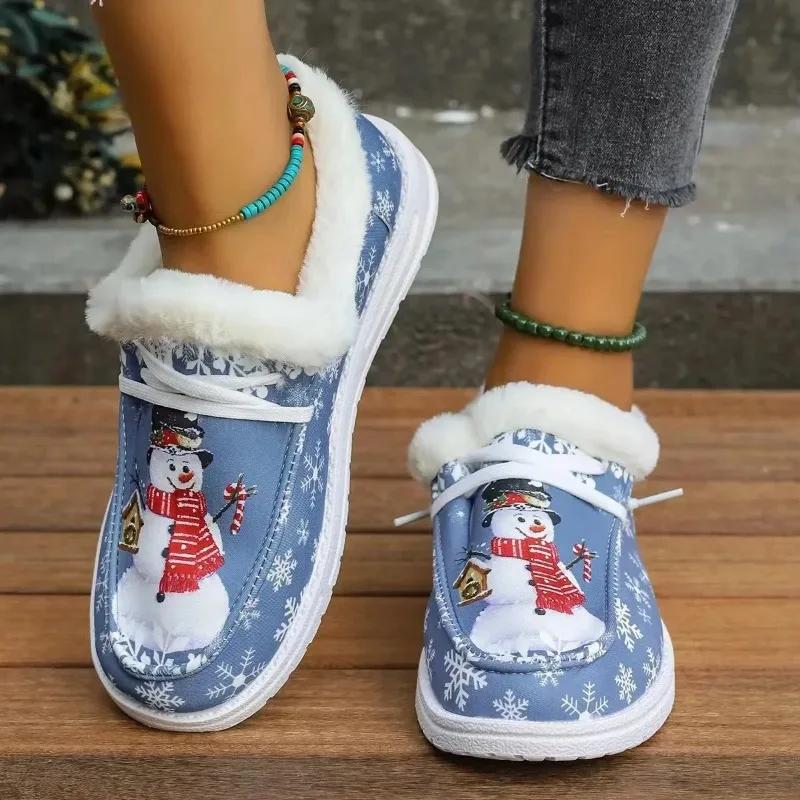 New Christmas Canvas Shoes Flat Shoes for Women Warm Imitation Fur Loafers Women Luxury Women Plus Size Shoes  Zapatos De Mujer